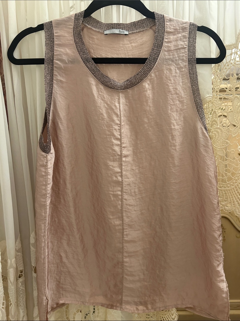Zara Blush Satin Sleeveless Top with Black/Silver Trim